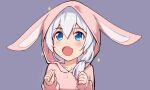  1girl :d animal_ears animated animated_gif bangs blue_eyes bunny_ears clenched_hands daidailong hair_between_eyes happy honkai_(series) honkai_impact_3rd hood hoodie looking_afar looking_up looping_animation open_mouth pajamas purple_background side_ponytail simple_background smile solo star_(symbol) theresa_apocalypse white_hair 
