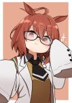  1girl agnes_tachyon_(umamusume) ahoge animal_ears bangs black-framed_eyewear black_neckwear black_shirt blush breasts brown_background brown_eyes brown_hair closed_mouth collared_shirt eyebrows_visible_through_hair glasses hair_between_eyes highres horse_ears i.u.y labcoat long_sleeves looking_at_viewer open_clothes shirt sleeves_past_fingers sleeves_past_wrists small_breasts smile solo sparkle sweater_vest two-tone_background umamusume upper_body white_background 