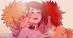  1girl 2boys artist_name bakugou_katsuki bangs biting blonde_hair blush blush_stickers boku_no_hero_academia brown_hair cheek_biting closed_eyes collarbone english_commentary grin group_sex hetero highres implied_sex kirishima_eijirou medium_hair mmf_threesome multiple_boys open_mouth red_hair saliva sandwiched sharp_teeth short_hair smile spiked_hair supernova_(ssuupernova) teeth threesome tongue tongue_out twitter_logo uraraka_ochako 