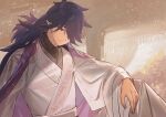  1boy fengxi_(the_legend_of_luoxiaohei) gihuta_hiroshi hair_over_one_eye highres long_hair long_sleeves pointy_ears purple_hair robe smile solo the_legend_of_luo_xiaohei upper_body wide_sleeves 