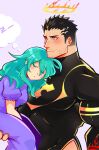  1boy 1girl bara black_bodysuit bodysuit carrying covered_abs facial_hair halo highres hip_vent large_pectorals lisuchi maria_(tokyo_houkago_summoners) mature_male muscular muscular_male pectoral_pillow pectorals short_hair sideburns sleeping sleeping_on_person spoken_zzz stubble tokyo_houkago_summoners walking zabaniya_(tokyo_houkago_summoners) zzz 