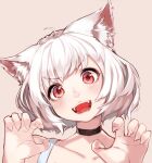 1girl :3 :d ahoge albino animal_ear_fluff animal_ears bangs bare_shoulders beige_background black_choker blush bob_cut cat_ears choker claw_pose collarbone eyebrows_visible_through_hair fangs fingernails hands hands_up head_tilt highres hoshi_usagi looking_at_viewer open_mouth original paw_pose portrait red_eyes sharp_fingernails short_hair simple_background smile solo teeth upper_body white_hair 