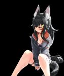  1girl animal_collar animal_ears arms_between_legs bangs bikini bikini_under_clothes black_background black_collar black_hair black_hoodie blush breasts brown_eyes cleavage collar embarrassed feet_out_of_frame hair_between_eyes hair_ornament hairclip highres hololive hood hoodie large_breasts long_hair looking_away looking_to_the_side low-tied_long_hair multicolored_hair ookami_mio partially_unzipped red_hair sidelocks sideways_glance simple_background sitting skindentation solo streaked_hair swimsuit tail thigh_strap very_long_hair virtual_youtuber wolf_ears wolf_girl wolf_tail xiaodong327399 