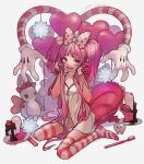  1girl babydoll bangs bare_arms bow collarbone danganronpa_(series) danganronpa_another_episode:_ultra_despair_girls dated fake_horns flat_chest gloves heart highres holding holding_hair horns long_hair looking_at_viewer no_shoes pink_eyes pink_hair polka_dot rei_(tdn_ng) signature smile solo striped striped_legwear stuffed_animal stuffed_toy tears teddy_bear thighhighs tooth toothbrush twintails upper_teeth utsugi_kotoko white_gloves 