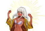  1girl bangs bikini blunt_bangs bracelet breasts brown_jacket cleavage clenched_hand collarbone commentary_request danganronpa_(series) danganronpa_v3:_killing_harmony dark-skinned_female dark_skin fang grey_background grey_hair hands_up jacket jewelry long_hair looking_at_viewer medium_breasts navel necklace open_mouth rei_(tdn_ng) shell_necklace shiny shiny_skin sidelocks smile solo sparkle swimsuit twintails upper_body white_background yonaga_angie 