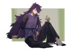  2boys black_pants fengxi_(the_legend_of_luoxiaohei) full_body gihuta_hiroshi hair_over_one_eye highres knee_up long_hair long_sleeves multiple_boys pants purple_hair qiguo_(the_legend_of_luoxiaohei) shadow sitting size_difference smile the_legend_of_luo_xiaohei very_long_hair 