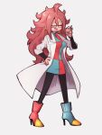  1girl android_21 asymmetrical_footwear blue_footwear checkered checkered_dress closed_eyes dragon_ball dragon_ball_fighterz dress full_body glasses grey_background hand_on_hip kemachiku labcoat long_hair open_mouth red_footwear red_hair simple_background smile solo standing 