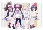  4girls :d antenna_hair arm_support baseball_cap beanie between_legs black_legwear black_vest blonde_hair blue_eyes blush_stickers boots bow breasts brown_hair closed_mouth commentary_request double_bun eyelashes green_shorts hand_between_legs hand_up hands_on_lap hat high_ponytail hilda_(pokemon) knees_together_feet_apart legwear_under_shorts lillie_(pokemon) long_hair miin_(toukotouya) miniskirt multiple_girls open_clothes open_mouth open_vest pantyhose pink_bow pokemon pokemon_(game) pokemon_bw pokemon_bw2 pokemon_sm raglan_sleeves rosa_(pokemon) selene_(pokemon) shirt shoes short_hair short_shorts short_sleeves shorts sidelocks sitting skirt sleeveless sleeveless_shirt smile sneakers socks t-shirt tied_shirt tongue twintails vest visor_cap white_footwear white_shirt white_skirt wristband yellow_shorts |d 