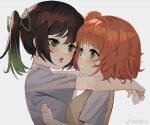  2girls after_kiss bangs black_hair blush bow collared_shirt gradient_hair green_bow green_eyes green_hair hair_bow hands_on_another&#039;s_shoulders hk_(hk) kiss love_live! love_live!_nijigasaki_high_school_idol_club medium_hair multicolored_hair multiple_girls nijigasaki_academy_uniform orange_hair pink_hair saliva saliva_trail shirt side_bun streaked_hair sweater_vest swept_bangs takasaki_yuu tongue tongue_out twintails two-tone_hair uehara_ayumu white_shirt yellow_eyes yuri 