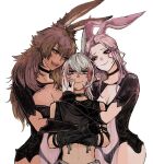 1boy 2girls animal_ears brown_hair bunny_ears covered_navel crop_top crossed_arms final_fantasy final_fantasy_xiv fingerless_gloves girl_sandwich gloves hand_on_another&#039;s_face highres hug long_hair midriff multicolored_hair multiple_girls navel pelvic_curtain pink_hair sandwiched shrug_(clothing) size_difference smile stomach sweatdrop tan two-tone_hair upper_body viera yum0811 
