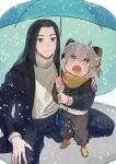  +_+ 2boys black_hair black_jacket black_pants boots child gihuta_hiroshi grey_eyes highres jacket long_hair long_sleeves luoxiaohei multiple_boys open_mouth pants scarf short_hair smile snow sweater the_legend_of_luo_xiaohei white_hair white_sweater winter_clothes wuxian_(the_legend_of_luoxiaohei) yellow_footwear yellow_scarf 