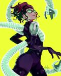  1girl black_bodysuit bodysuit doctor_octopus from_side goggles hair_behind_ear head_tilt highres looking_at_viewer marvel mechanical_tentacles olivia_octavius open_hand parted_lips red_hair smile solo spider-man:_into_the_spider-verse spider-man_(series) sushi_pizza_rrr tied_hair yellow_eyes 