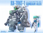  1girl ammunition_belt aqua_eyes aqua_hair arm_cannon bangs breasts frown gatling_gun gun gundam gundam_0080 gundam_alex holding holding_gun holding_shield holding_weapon mecha mecha_musume medium_breasts personification ponytail redesign science_fiction shield shisui tied_hair v-fin visor weapon 