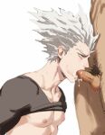  2boys absurdres cheek_bulge clothes_lift collarbone cum cum_in_mouth cum_on_penis dudlesnoodles fellatio garou_(one-punch_man) grey_hair highres male_focus multiple_boys nipples one-punch_man oral pectorals penis pointy_hair pubic_hair shirt_lift testicles white_background yaoi yellow_eyes 