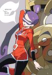  1girl aegislash arm_up black_legwear boots celosia_(pokemon) commentary_request gen_6_pokemon grey_background jacket leg_up lipstick long_sleeves makeup necktie nibo_(att_130) orange_belt orange_footwear orange_jacket orange_shirt orange_shorts pantyhose pokemon pokemon_(creature) pokemon_adventures purple_hair purple_lips purple_neckwear shirt short_hair short_shorts shorts team_flare translation_request visor 