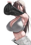  1girl ahoge armpits bare_shoulders black_shirt bra breasts brown_hair cleavage closed_eyes clothes_lift commentary_request grey_bra grey_skirt huge_breasts long_hair navel original shirt shirt_lift skirt sweat tomiokasena underwear white_background 
