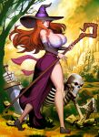  1girl bare_shoulders breasts cleavage dragon&#039;s_crown genzoman hat highres huge_breasts long_hair looking_at_viewer low_neckline orange_eyes red_hair skeleton sorceress_(dragon&#039;s_crown) staff sword tagme weapon witch_hat 