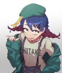  1girl azuki_aisu_ranmaru bakku159 bangs beret black_eyes blue_hair blush braid clothes_writing commentary_request cookie_(touhou) eyebrows_visible_through_hair food green_headwear green_jacket hair_between_eyes hair_ornament hairclip hat indie_virtual_youtuber jacket looking_at_viewer medium_hair multicolored_hair ofuda open_mouth overalls popsicle red_hair simple_background solo twin_braids twintails two-tone_hair upper_body virtual_youtuber white_background 
