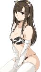  1girl animal_ears animal_print bikini breasts brown_eyes brown_hair cow_ears cow_girl cow_horns cow_print eyebrows_visible_through_hair fake_horns gatsby_ssl highres horns idolmaster idolmaster_cinderella_girls long_hair looking_at_viewer medium_breasts mizumoto_yukari parted_lips print_bikini simple_background solo swimsuit thighhighs white_background white_legwear 