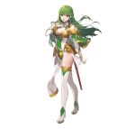  1girl absurdres armor bangs belt boots breasts capelet commentary_request dress elbow_gloves eyebrows_visible_through_hair fire_emblem fire_emblem:_mystery_of_the_emblem fire_emblem_echoes:_shadows_of_valentia fire_emblem_heroes full_body gloves green_eyes green_hair hand_on_own_chest hand_up high_heel_boots high_heels highres long_hair looking_at_viewer medium_breasts official_art palla_(fire_emblem) pelvic_curtain sheath shiny shiny_hair short_dress shoulder_armor simple_background smile solo standing teffish thigh_boots thighhighs thighs white_background white_footwear white_gloves 