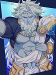  1boy abs bara bare_pectorals beard black_sclera colored_sclera cowboy_shot facial_hair fate/grand_order fate_(series) greek_clothes highres long_hair looking_at_viewer male_focus mature_male muscular muscular_male old old_man pectorals pov sash smile solo stomach undressing very_long_hair yaosan233 zeus_(fate) 