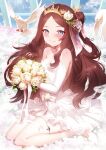  1girl animal bangs bare_shoulders bird blue_eyes blush bouquet breasts brown_hair cleavage crown dress earrings elbow_gloves fate/grand_order fate_(series) flower gloves highres jewelry leonardo_da_vinci_(fate) leonardo_da_vinci_(rider)_(fate) long_hair looking_at_viewer m-da_s-tarou parted_bangs side_ponytail sitting small_breasts smile solo wariza wedding_dress white_dress white_footwear white_gloves 
