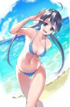  1girl absurdres ahoge arm_behind_back arm_up ass_visible_through_thighs bangs bare_arms bare_legs beach bikini black_hair blue_bikini blue_eyes blue_sky breasts cleavage cloud collarbone commentary_request day halterneck highres horizon long_hair looking_at_viewer marrrrrr medium_breasts navel ocean open_mouth original outdoors sidelocks sky smile solo standing string_bikini swimsuit twintails upper_teeth 