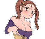  1girl bare_shoulders blush breasts brown_eyes brown_hair cleavage closed_mouth dragon_quest dragon_quest_viii dress earrings jessica_albert jewelry large_breasts long_hair looking_at_viewer miyama_(kannsannn) purple_shirt shirt simple_background solo strapless twintails white_background 