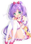  1girl artist_name bow collarbone detached_collar dress frilled_dress frills green_eyes hair_bow heart highres holding holding_hair kosuzume manaka_lala pretty_(series) pripara purple_hair signature sitting solo thighhighs treble_clef twintails wrist_cuffs 