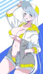  1girl aizawa_chihiro bikini bikini_under_clothes blush breasts cleavage denim denim_shorts hand_in_pocket hat hood hoodie large_breasts looking_at_viewer no_shirt open_clothes open_fly open_mouth open_shirt original parted_lips short_shorts shorts smile solo swimsuit unbuttoned unzipped white_hair yellow_bikini 