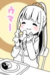  1girl :i bangs blunt_bangs blush bow bowtie brown_background cardigan closed_mouth commentary dot_nose doughnut eating eyebrows_behind_hair food foodgasm hair_ornament hair_scrunchie hand_to_own_mouth hands_up highres hitoribocchi_no_marumaru_seikatsu holding holding_food honshou_aru katsuwo_(cr66g) long_hair long_sleeves partially_colored plate ponytail scrunchie simple_background sitting smile solo translated two-tone_background upper_body 
