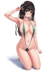  1girl absurdres areola_slip areolae arm_at_side arm_up armpits bangs black_hair blush breasts closed_mouth collarbone dosukebe_kojiki_maru eyebrows_visible_through_hair female_pubic_hair full_body green_eyes green_swimsuit highres kneeling large_breasts long_hair looking_at_viewer navel nose_blush original pubic_hair pubic_hair_peek simple_background slingshot_swimsuit solo steaming_body stomach swimsuit v white_background 