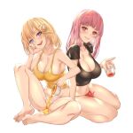  2girls absurdres bangs black_shirt blonde_hair blue_eyes blush breasts cleavage collarbone cup hair_ornament highres holding holding_cup hololive hololive_english honkivampy large_breasts long_hair looking_at_viewer monocle_hair_ornament mori_calliope multiple_girls open_mouth panties parted_lips pink_hair pouring red_eyes shirt short_hair simple_background sitting smile spread_legs tank_top underwear virtual_youtuber wakamezake watson_amelia white_background white_panties 