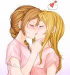  2girls baba_konomi bangs blonde_hair blush braid braided_ponytail breasts brown_hair closed_eyes couple d-tomoyo dress embarrassed eyebrows_visible_through_hair french_kiss from_side hair_between_eyes hair_over_shoulder hairband hand_on_another&#039;s_arm hand_on_another&#039;s_chin heart highres hug idolmaster idolmaster_million_live! idolmaster_million_live!_theater_days kiss long_hair medium_breasts medium_hair momose_rio multiple_girls pink_shirt shirt short_sleeves simple_background single_braid spoken_heart upper_body white_background yuri 