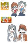  2boys 2girls brown_hair buck_teeth bugs_bunny bunny character_name commentary cup drinking_glass genderswap genderswap_(mtf) girl_scout glasses gloves grey_hair highres himuhino humanization ice ice_cube looney_tunes multiple_boys multiple_girls rodney_rabbit twintails uniform younger 