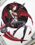  1girl absurdres black_legwear breasts cleavage dragon_wings elbow_gloves epis full_body gloves high_heels highres horns king&#039;s_raid looking_at_viewer medium_breasts moldiedraws navel pink_eyes red_hair red_horns scythe sitting solo tail thighhighs white_background wings 
