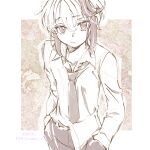  1girl androgynous commentary dated dress_shirt emu_(marico_w) flower_(vocaloid) furrowed_brow hands_in_pockets highres multicolored_hair necktie shirt short_hair sidelocks solo standing streaked_hair twitter_username upper_body v_flower_(vocaloid4) vocaloid white_shirt 