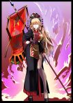  1girl absurdres banner black_border black_dress black_footwear blonde_hair border commentary contrapposto crescent dress fiery_background fire full_body hand_on_hip hat hat_bobbles hat_ornament highres junko_(touhou) kikoka_(mizuumi) long_hair looking_at_viewer outside_border pelvic_curtain red_eyes sash shoes side_slit solo standard_bearer standing tabard tassel touhou very_long_hair wide_sleeves 