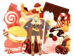 1girl :3 :d alchemist_(ragnarok_online) bangs blue_gloves boots brown_cape brown_dress brown_eyes brown_footwear brown_hair butter cake cake_slice candy candy_cane cape cherry chocolate chocolate_bar chocolate_strawberry commentary_request creature cross-laced_footwear demon deviruchi dress elbow_gloves endo_mame fingerless_gloves food fruit full_body fur_collar gloves heart holding_spork ice_cream lollipop long_hair looking_at_viewer macaron mushroom open_mouth oversized_object pancake ragnarok_online short_dress simple_background smile spore_(ragnarok_online) spork standing strapless strapless_dress strawberry syrup vanilmirth_(ragnarok_online) white_background wrapped_candy 