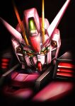  absurdres black_background glowing glowing_eyes green_eyes gundam gundam_seed head_tilt highres mecha mobile_suit no_humans science_fiction solo strike_rouge sunflower_(tomodog422) upper_body v-fin 