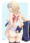  1girl absurdres ass back back_tattoo backless_outfit bangs bare_shoulders black_legwear blonde_hair blue_eyes blush braid braided_ponytail breasts fate/apocrypha fate_(series) headpiece highres jeanne_d&#039;arc_(fate) jeanne_d&#039;arc_(fate)_(all) large_breasts liuleiwowotou long_hair looking_at_viewer necktie panties solo tattoo thighhighs thighs underwear very_long_hair white_panties 