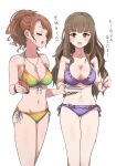  2girls absurdres alternate_hairstyle bangs bare_arms bare_shoulders bikini blue_nails blush breasts brown_eyes brown_hair chopsticks cleavage collarbone commentary_request eyebrows_visible_through_hair frilled_bikini frills gradient gradient_bikini green_bikini halterneck highres holding holding_chopsticks houjou_karen idolmaster idolmaster_cinderella_girls jewelry kamiya_nao long_hair medium_breasts multiple_girls nail_polish navel open_mouth pendant pizzasi ponytail purple_bikini side-tie_bikini simple_background string_bikini sweat swimsuit thick_eyebrows translation_request v-shaped_eyebrows very_long_hair white_background yellow_bikini 