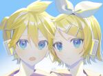  1boy 1girl :o backlighting bangs black_collar blonde_hair blue_background blue_eyes bow collar collared_shirt expressionless hair_bow hair_ornament hairclip headphones highres kagamine_len kagamine_rin looking_at_viewer open_mouth portrait sailor_collar shirt short_hair short_ponytail side-by-side signature spiked_hair swept_bangs torino_kawazu vocaloid white_bow 