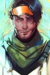  1boy apex_legends artificial_eye black_hair brown_eyes facial_hair glass_eye goatee goggles goggles_on_head green_scarf highres male_focus mirage_(apex_legends) nose realistic rize scar scar_across_eye scar_on_face scar_on_nose scarf smile smirk solo stubble upper_body 