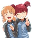  2girls ^_^ aki_(girls_und_panzer) arm_around_back closed_eyes girls_und_panzer grin keizoku_military_uniform kitayama_miuki mikko_(girls_und_panzer) multiple_girls open_mouth orange_hair red_hair short_twintails side-by-side smile twintails v white_background 