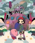  1girl :o adeleine beret black_eyes black_hair brown_shorts closed_mouth factory gears green_shirt hat holding kirby kirby_(series) kirby_64 long_sleeves outdoors paintbrush red_headwear shirt short_hair shorts sky smoke snow soumenhiyamugi standing star_(symbol) tree 