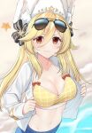  1girl alternate_breast_size animal_ears bangs beach bikini bikini_top black_bow blonde_hair bow bow_swimsuit breasts cleavage commentary english_commentary eyewear_on_head fake_animal_ears fur_hat girls&#039;_frontline gold_trim hair_between_eyes hat hat_bow highres large_breasts light_blush light_smile long_hair long_sleeves looking_at_viewer mod3_(girls&#039;_frontline) nagant_revolver_(girls_frontline) navel open_clothes open_shirt red_bow red_eyes rynzfrancis sand shirt sidelocks solo starfish sunglasses swimsuit swimsuit_under_clothes undressing ushanka water white_shirt yellow_bikini 