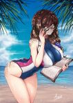  1girl adsouto ass beach book breasts brown_hair cleavage covered_nipples genshin_impact green_eyes highres impossible_clothes impossible_swimsuit large_breasts lisa_minci long_hair looking_at_viewer one-piece_swimsuit signature smile sunglasses swimsuit tagme wet 