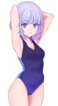  1girl armpits arms_behind_head arms_up bangs bare_shoulders breasts casual_one-piece_swimsuit closed_mouth collarbone commentary_request copyright_request covered_navel eyebrows_visible_through_hair groin highres jilu looking_at_viewer multicolored_hair one-piece_swimsuit purple_eyes purple_hair purple_swimsuit simple_background small_breasts smile solo swimsuit two-tone_hair white_background 