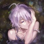  1girl androgynous bare_shoulders collarbone commentary_request dated emu_(marico_w) expressionless flower_(vocaloid) half-closed_eyes head_rest highres multicolored_hair one_eye_covered portrait purple_eyes purple_hair purple_shirt shirt sketch solo spaghetti_strap streaked_hair twitter_username v_flower_(vocaloid4) vocaloid 